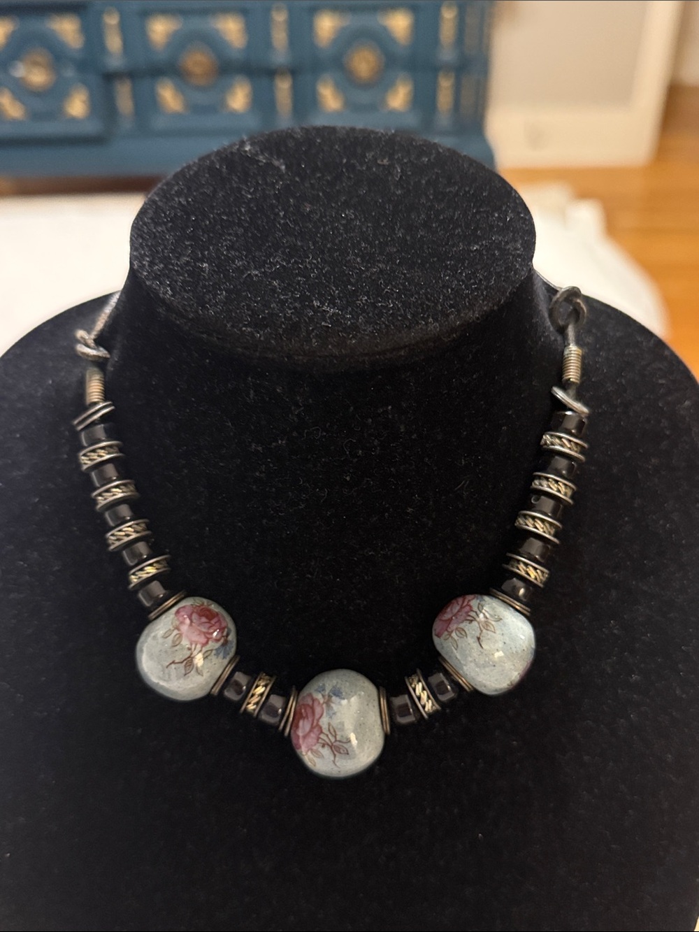 Vintage Black Blue Beaded Rose Floral Flower Choker Cottage Core Necklace